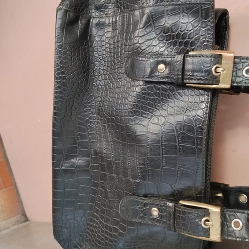 Vintage black women's shoulder bag with crocodile and snake texture, used