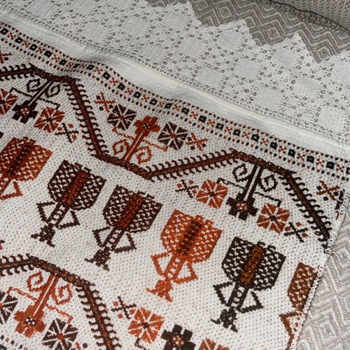 Vintage Greek folk art embroidery tablecloth with handmade lace