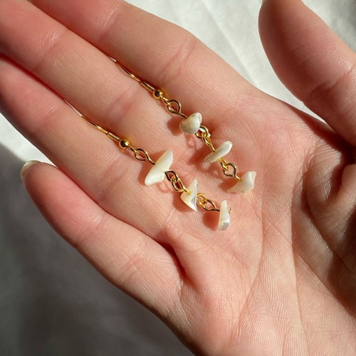 Handmade brass earrings with natural shell chips, metal hook