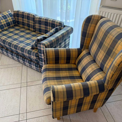 Vintage sofa bed and armchair set used, checkered fabric