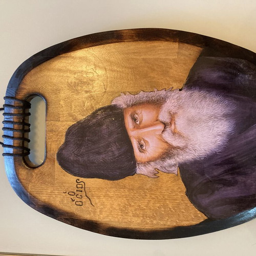 Saint Paisios image silk screen on wooden cutting board