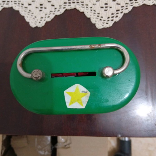 Postal Savings Bank piggy bank used, metal green