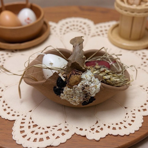 Clay basket with two wax eggs used, vintage