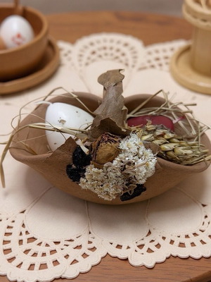 Clay basket with two wax eggs used, vintage
