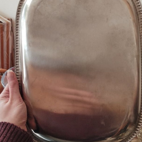 Vintage silver-plated tray with raised detailed border like new