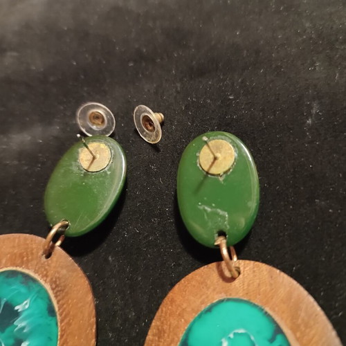 Statement earrings with wood and turquoise resin