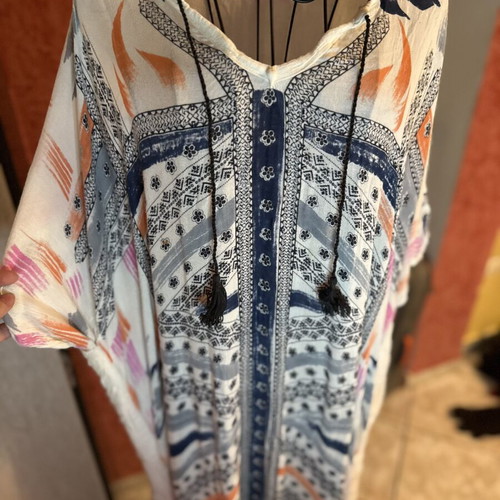 Printed summer blouse tunic used, white blue and orange tones
