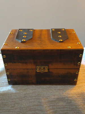 Handmade wooden leather-bound box like new with CNC engraving