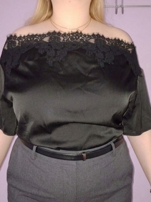 Black satin off the shoulder top with lace like new