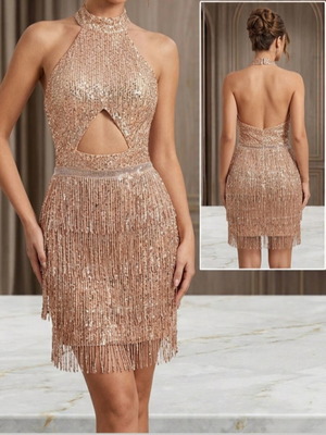 Rose Gold Short Evening Dress with Sequins and Fringes Size M like new
