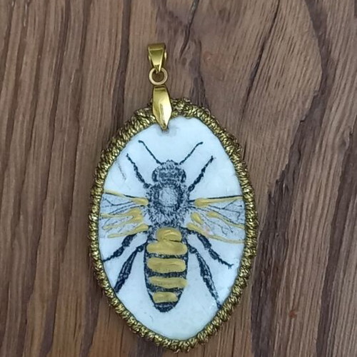 Handmade ceramic bee pendant new with glass coating and macrame detail