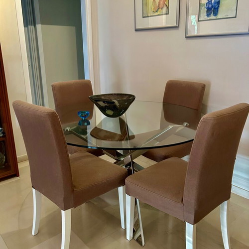 Dining set with Marmaridis glass table and IKEA chairs like new