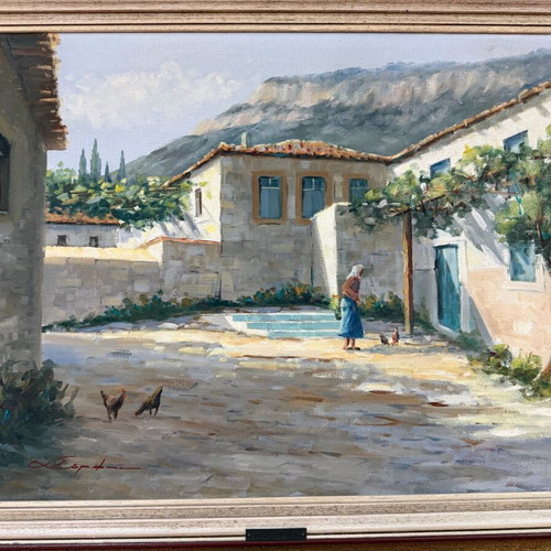 Α. Σέρφος Ελαιογραφία Σαν Καινούργιο, Όμορφο Τοπίο Σε Κορνίζα Εποχής