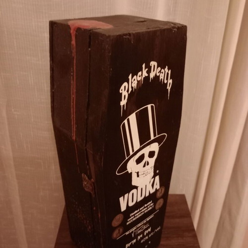 Wooden Black Death Vodka Coffin collectible, like new