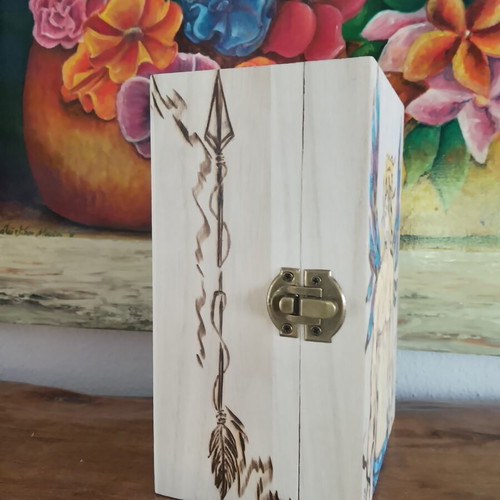 Wooden box with pyrography and painting, new