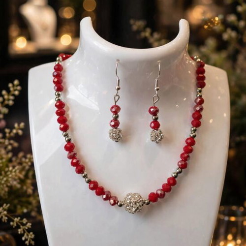 Handmade crystal beaded red and silver elegant jewelry set