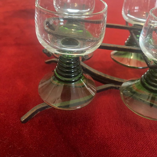 Vintage metal stand with six hanging liqueur glasses like new