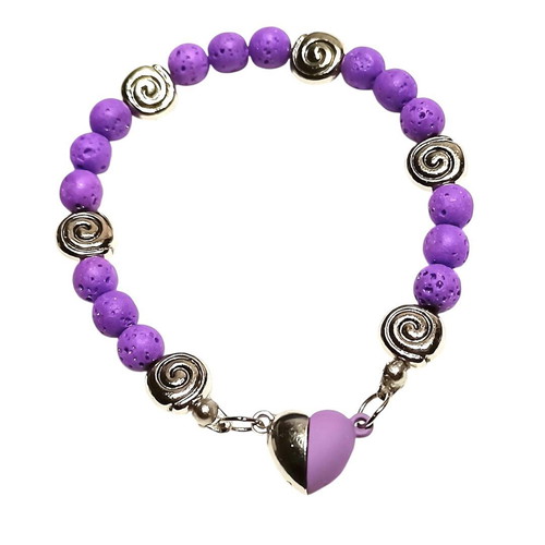 Handmade bracelet with purple lava semi-precious stone and magnetic heart clasp new