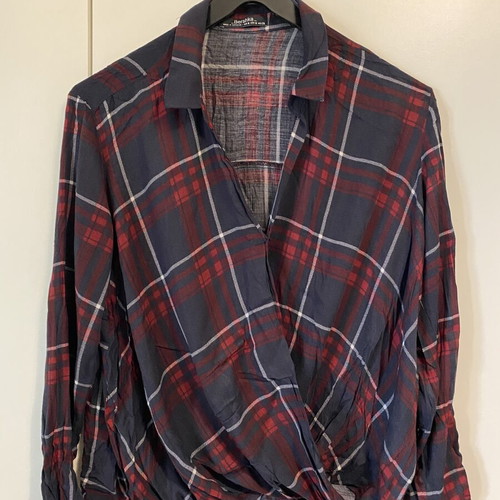 Bershka wrap plaid shirt, blue and red