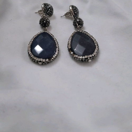 Handmade teardrop earrings with blue stone and rhinestones like new