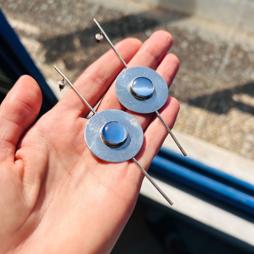 Handmade Georgian modernist earrings with blue cat’s eye stone used