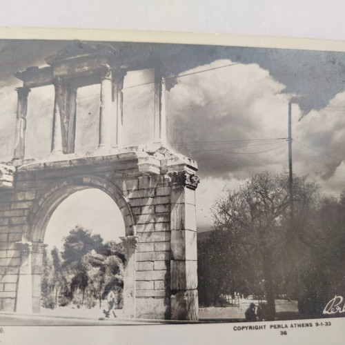 Black and white postcard Athens Hadrian's Gate Perla Athens used