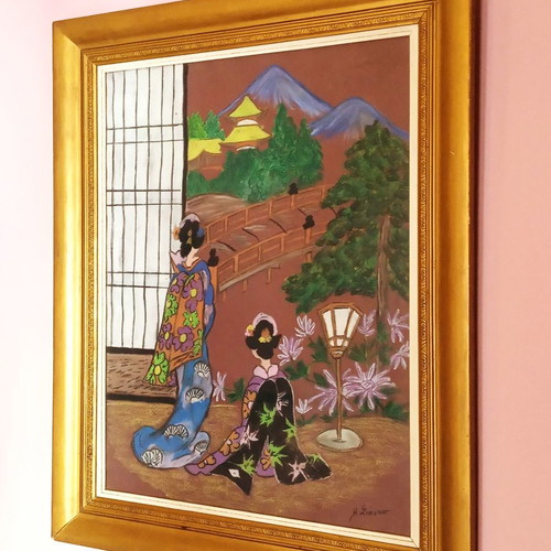 Japanese Landscape with Geishas 1982 by Iro Sianou, like new