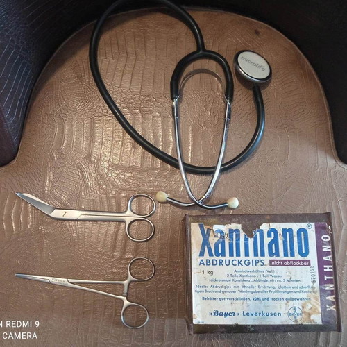 Vintage medical lot used with Microlife stethoscope, 2 scissors and Bayer box