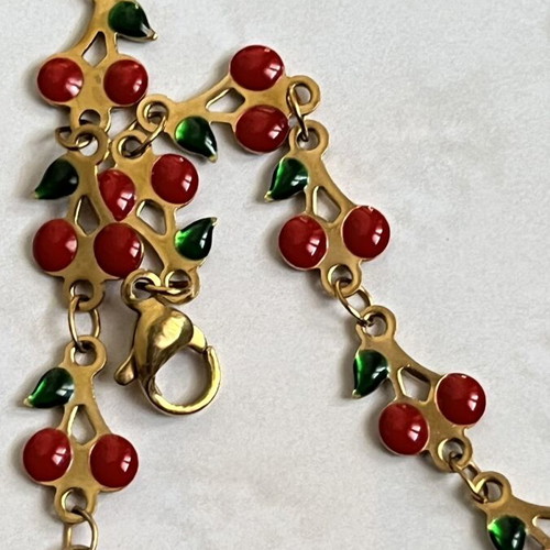 Necklace with cherries, new, steel, red and gold tone