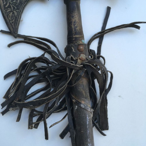 Wooden spear used 1.50 m with metal element and 1970s leather