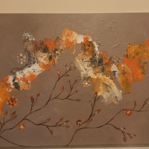 Handmade abstract painting with textured orange and gray tones