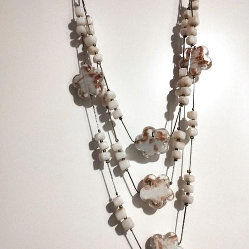 Necklace with triple strand glass flowers and beads new