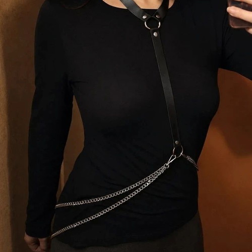 Statement body chain and leather choker harness like new, black