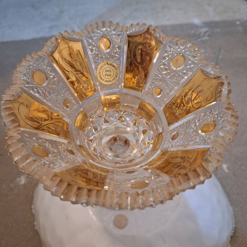Bohemia Crystal handmade cut glass footed bowl with gold decoration