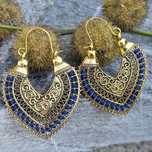 Bohemian ethnic style carved heart earrings blue and gold, new