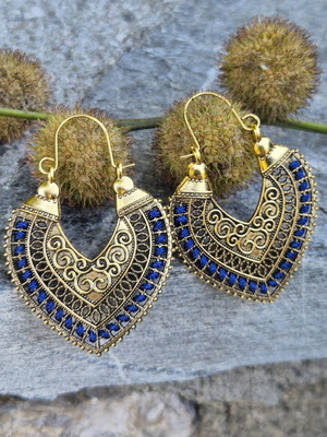 Bohemian ethnic style carved heart earrings blue and gold, new