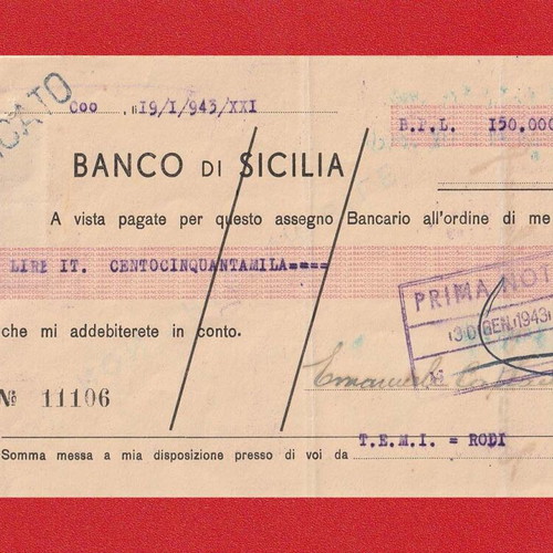 Historical Italian Period Check used, Banca di Cicilia 1943, Rodi