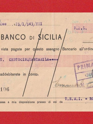 Historical Italian Period Check used, Banca di Cicilia 1943, Rodi