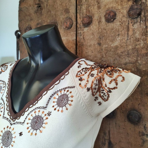 Vintage Y2K knit top with sequin and beaded ethnic embroidery, used