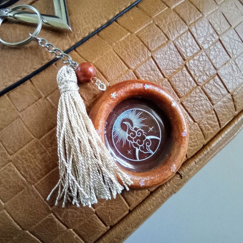 Handmade brown keychain bag pendant made of wood and resin new