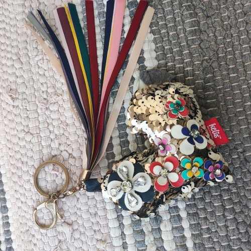 Keychain large heart with sequins, rhinestones and ribbons new, beige gold