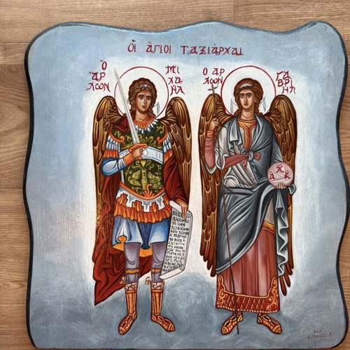 Handmade Byzantine Icon of Archangels Michael and Gabriel on Wood
