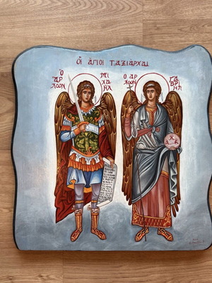 Handmade Byzantine Icon of Archangels Michael and Gabriel on Wood