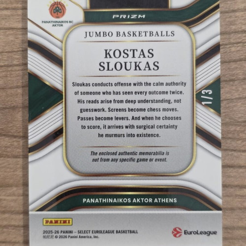 Panini Select EuroLeague Kostas Sloukas 1/3 Jumbo Basketball Auto new
