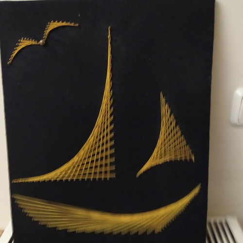 Antique frame with nails and thread ship used 46x36 cm