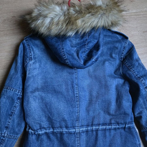 Denim jacket with sherpa parka and hood like new, blue