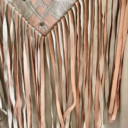 Glamorous dress with fringes new, suede light gray with pink Small