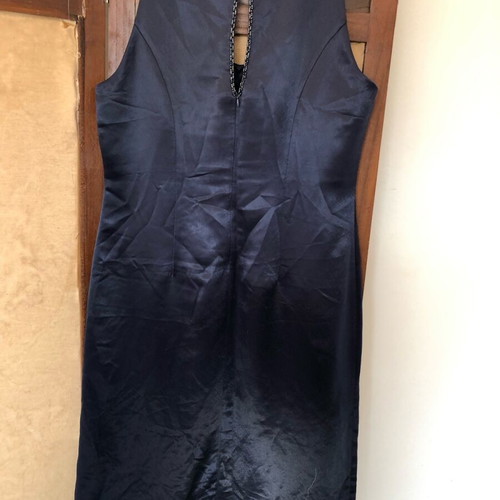 Vintage Pharmakis evening dress like new, dark blue satin with embroidery