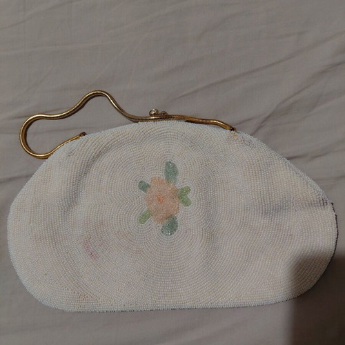 Vintage handbag used, white and gold, 60s style