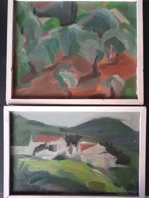 Oil paintings used, 2 signed canvases by Magdalini Dimopoulou